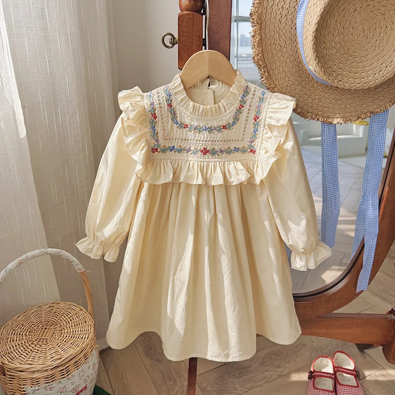 Girls' Ruffled Princess Long-Sleeved Dress Embroidered Flower Spring Autumn Children's Dress