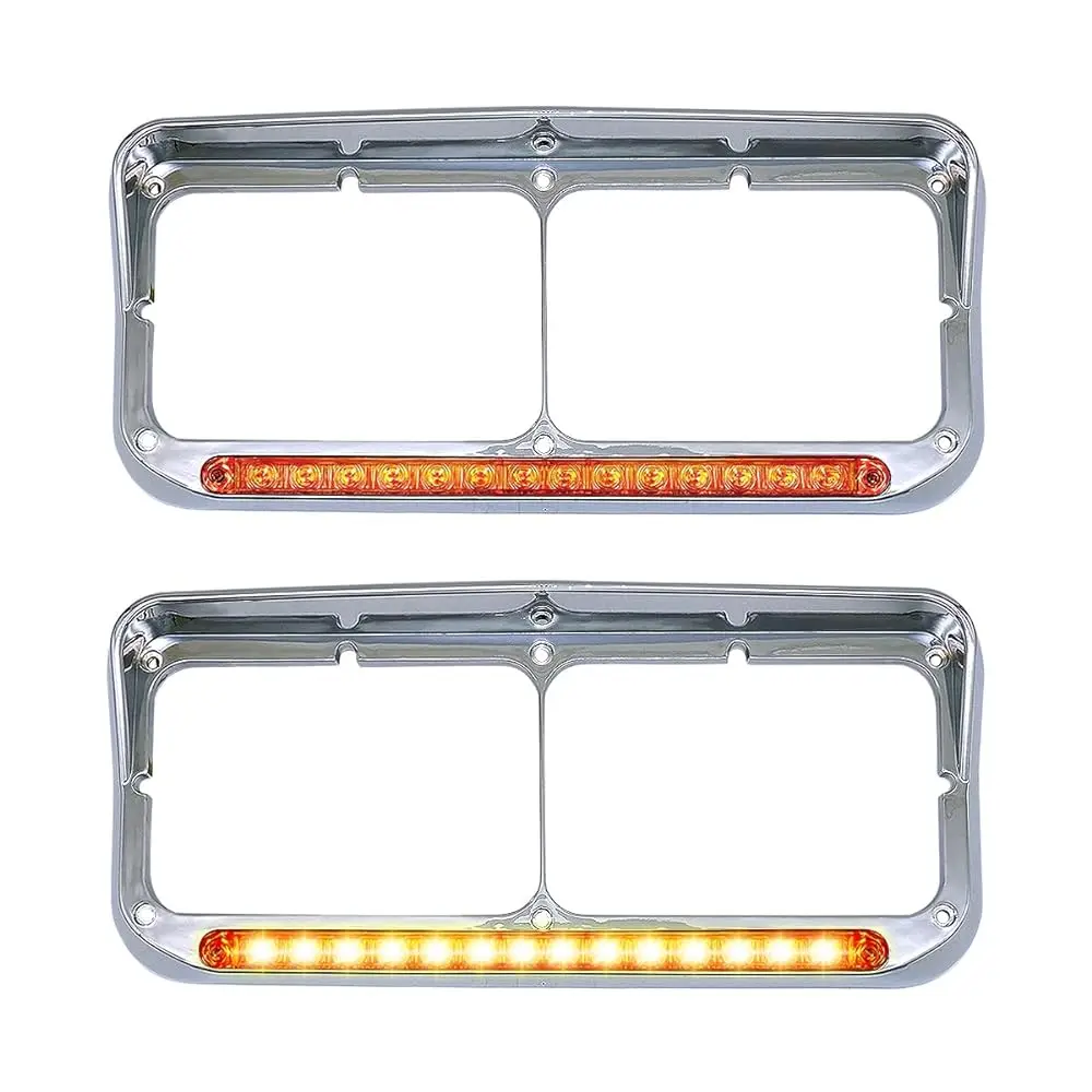 

2x Chrome Headlight Bezels 12" Amber LED Light with Visor 4x6 Light Strip Fit for Kenworth T400 T600 T800 W900B W900L Peterbilt