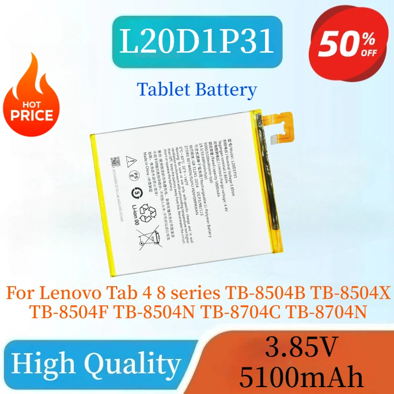 

Brand-New L20D1P31 3.85V 5100mAh Tablet Battery For Lenovo Tab 4 8 series TB-8504B TB-8504X TB-8504F TB-8504N TB-8704C TB-8704N