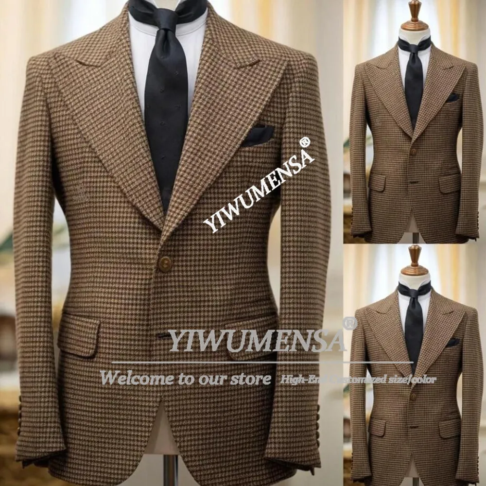 Classic Houndstooth Business Suit Men Single Breasted Jacket Trousers 2 Piece Set British Style Blazers Customized Ropa Hombre