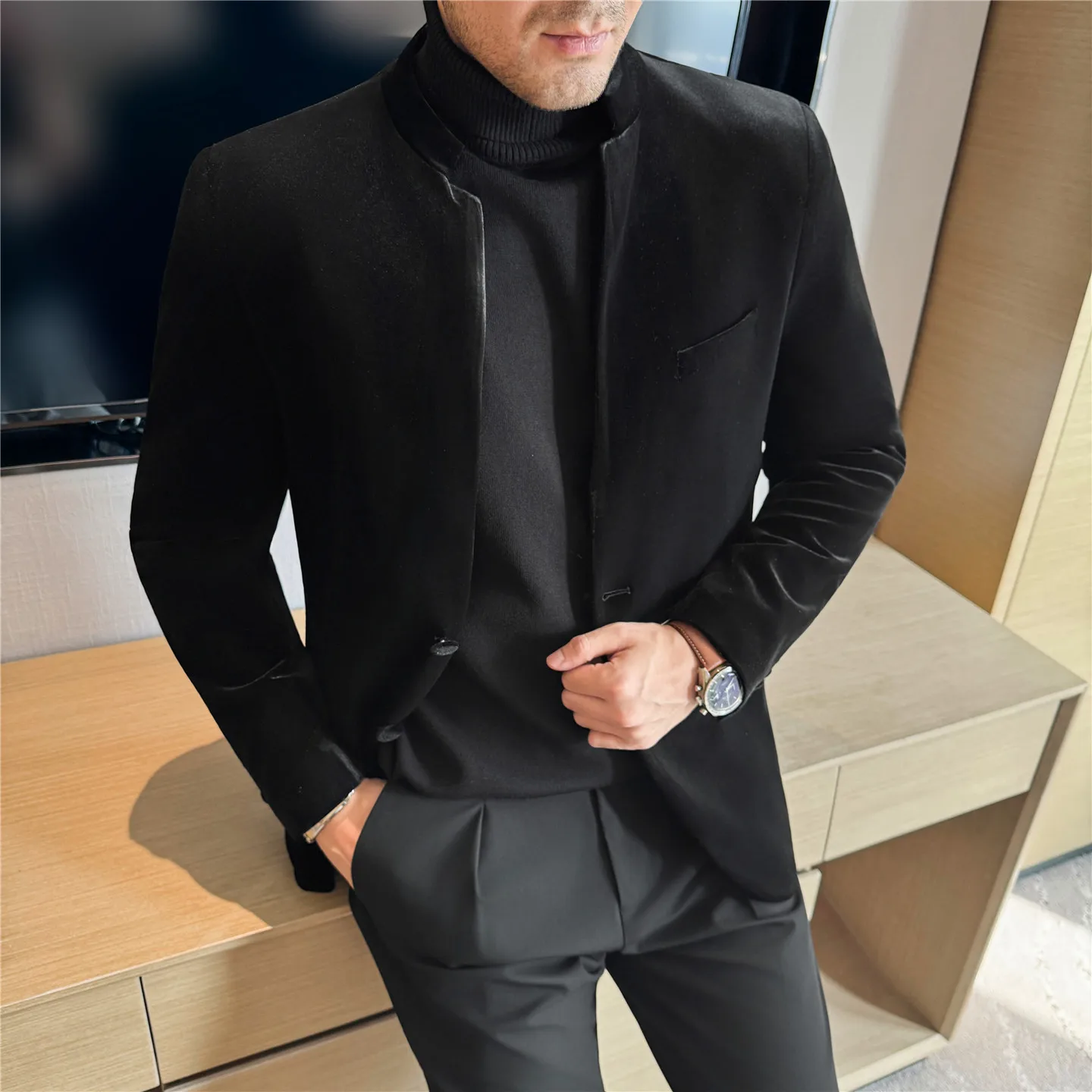 سترة بدلة كاجوال مخملية ذات ياقة واقفة على الطراز الصيني الجديدة عالية الجودة، بدلة سوداء سميكة لخريف وشتاء #2