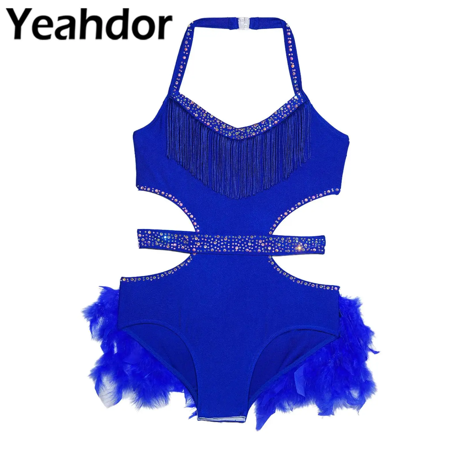 Kids Girls Latin Jazz Dance Dress Rhinestones Feather Skirted Leotard Performance Wear with Feather Skirt for Stage Show Costume