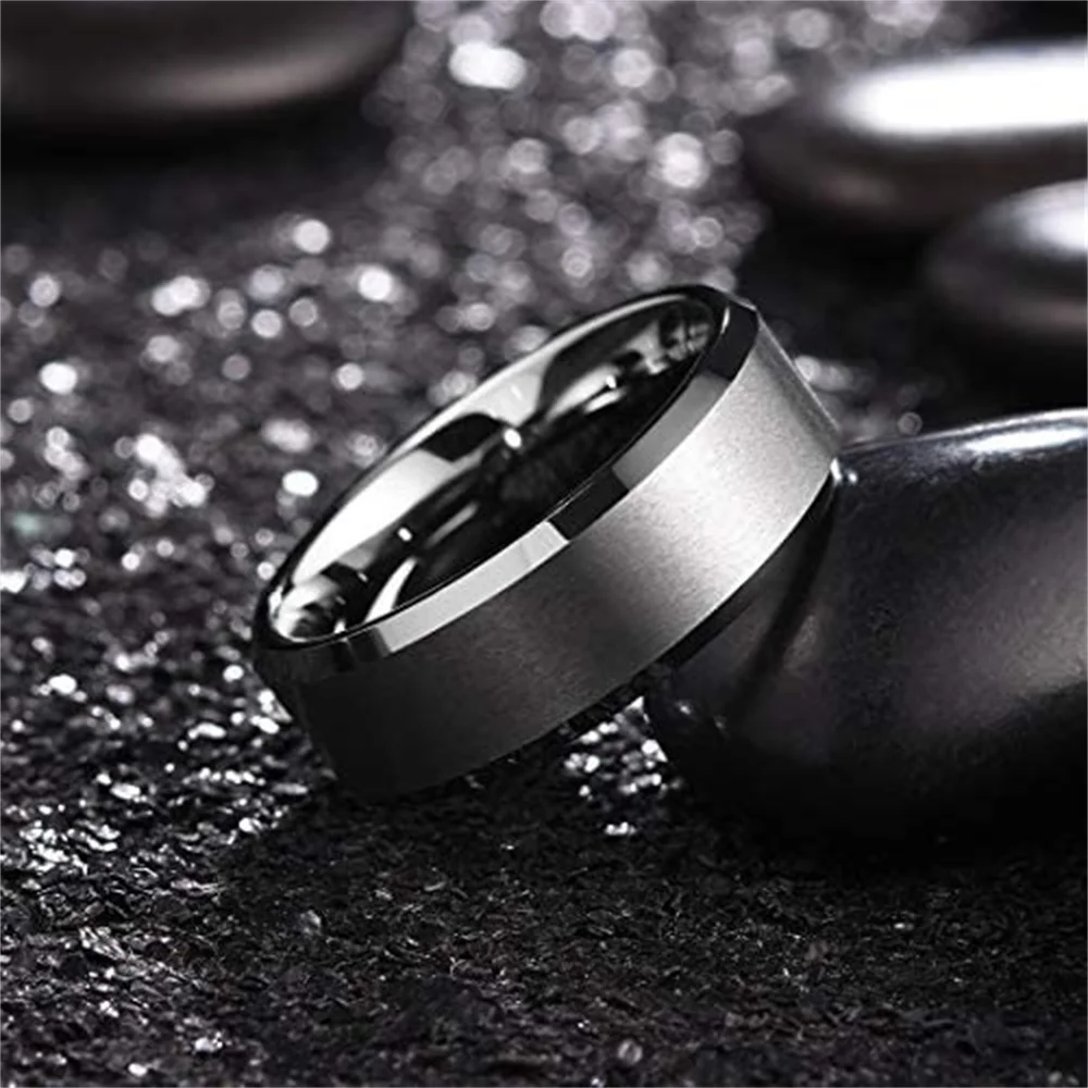 Simple 8mm Silver Color Stainless Steel Rings For Men Women Matte Finish Beveled Edge Men Wedding Rings Party Jewelry Gifts