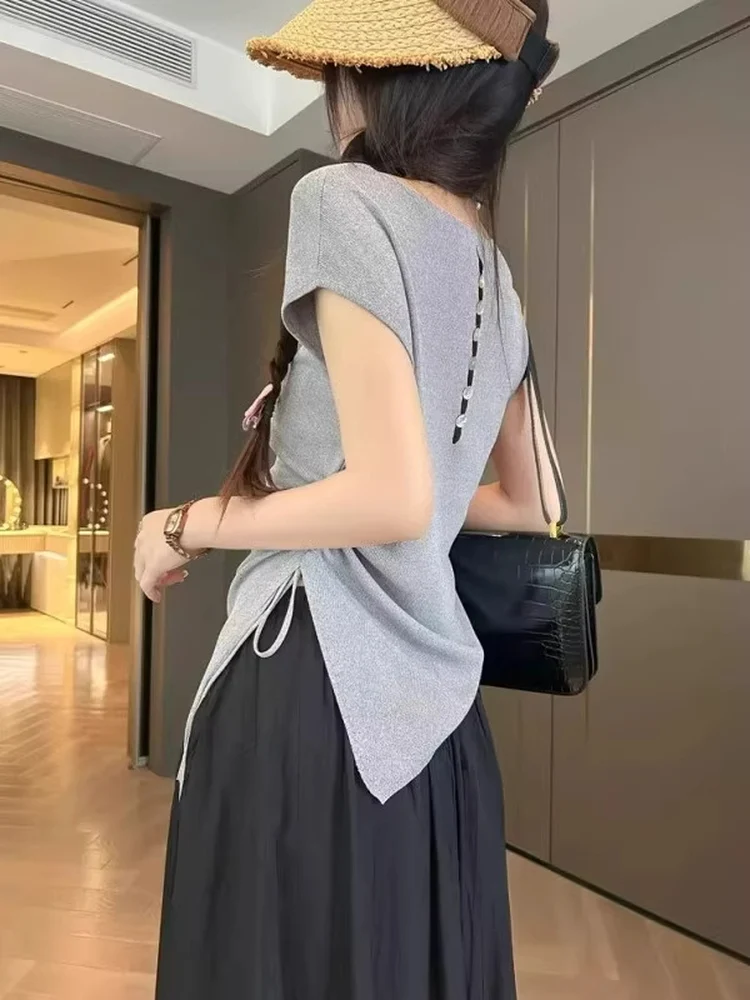 Gray Asymmetrical Design Summer Thin Ice Silk T-Shirt Women's Style Sleeveless Back Hollow out Waist Cinched Slimming Top