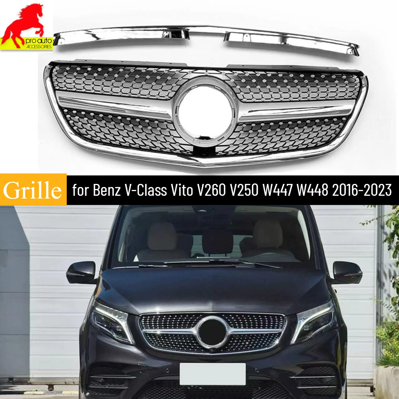 

For Mercedes Benz V-Class Vito V260 V250 W447 W448 2016-2023 Front Bumper Grille GT Diamond Grill ABS Racing Grills Car Styling