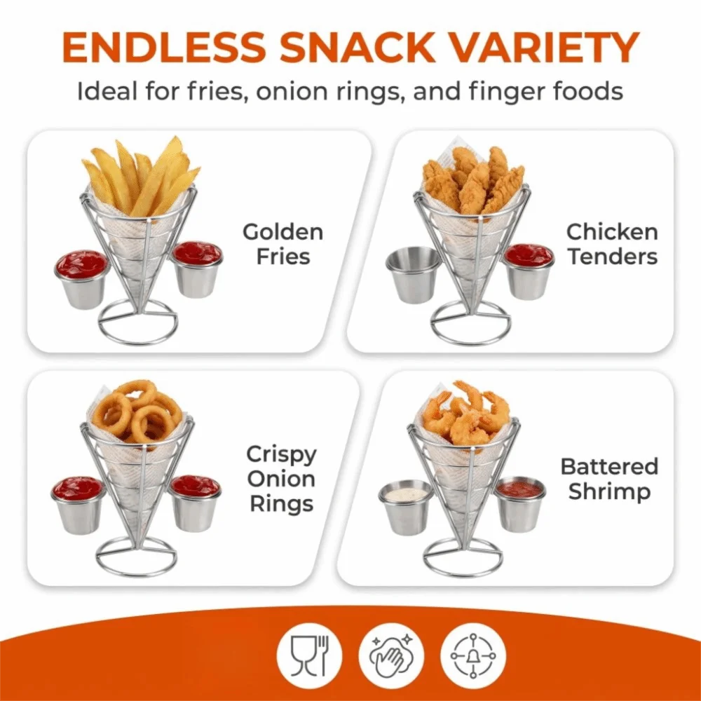 Durable Iron French Fry Cone Holder Sliver with Sauce Cup Fries Display Stand Convenient Study Fries Baskets Serving Snacks