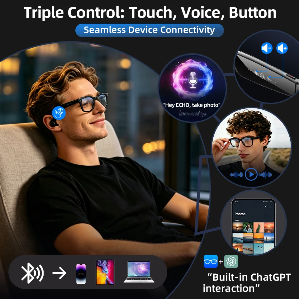 New Smart Glasses Blue Light Blocking 1300W Camera AI Photo Recognition Language Translation Video Recording Sunglasses Men Lady