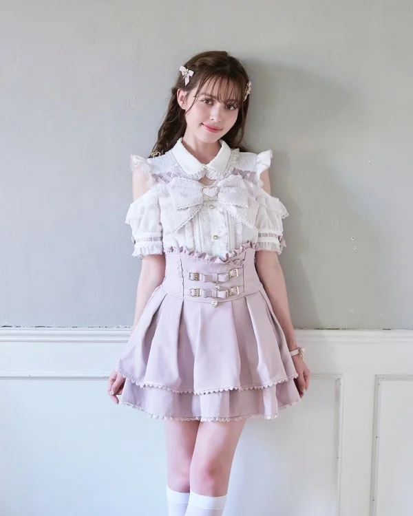 Japanese Mines Style Lolita Blouse Pearl Doll Collar Off-Shoulder Puff Sleeve Big Bow Single-Breasted Cute Sweet Shirt Top Women