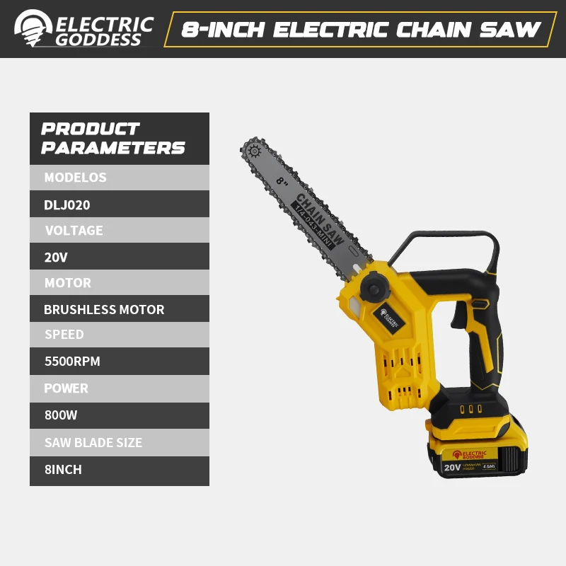 8 Inch Brushless Electric Chainsaw Cordless Electric Saw Woodworking Garden Pruning Saw Tool For Dewalt 20V Battery Pins