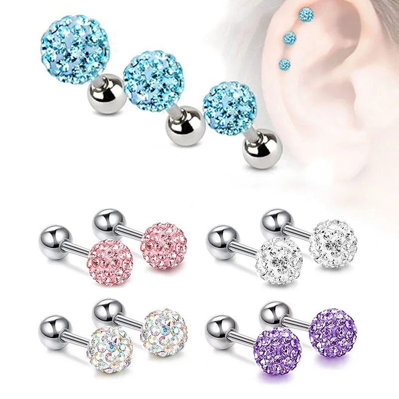 Beautiful Crystal Round Ball Screw Stud Earrings For Women Stainless Steel Cartilage Tragus Piercings Jewelry Size 3/4/5mm