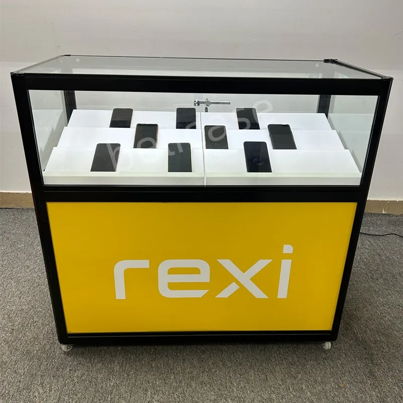 2025customized.Mobile Shop Interior Design Cell Phone Display Showcase with Led Lights Glass Counter Display Mobile Phone