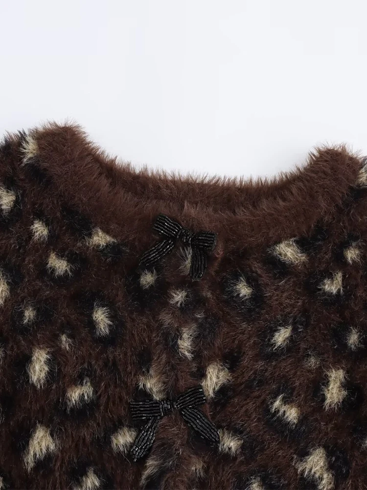 Brown leopard print plush short bow thick mink fleece sweater knitted cardigan coat for women winter