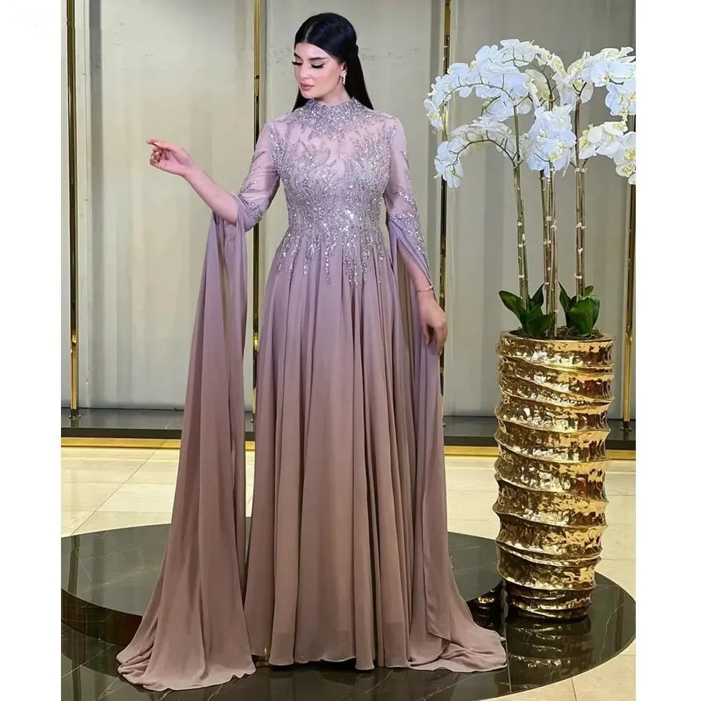 Romantic Green Chiffon Dubai High Neck Sequined Evening Dress A-Line Long Sleeves Applique Saudi Arabic Formal Party Gown