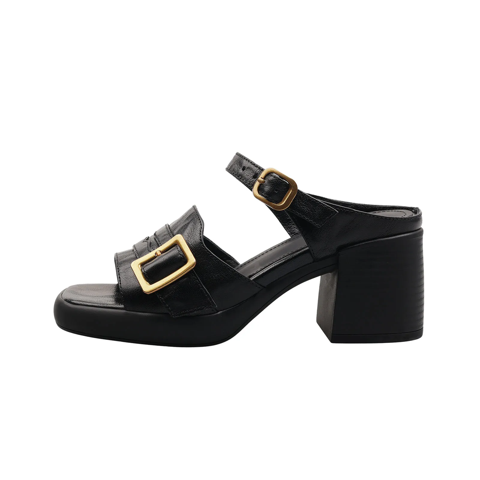 

Arden Furtado 2025 Summer sheepskin Belt buckle Word slippers Square toe Chunky heels word-cingulate outdoor slippers