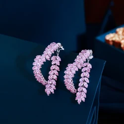 CWWZircons Pink Cubic Zirconia Pave Shiny Heart Shape Leaf Dangling Long Big Hoop Earrings for Women Daily Party Jewelry CZ944