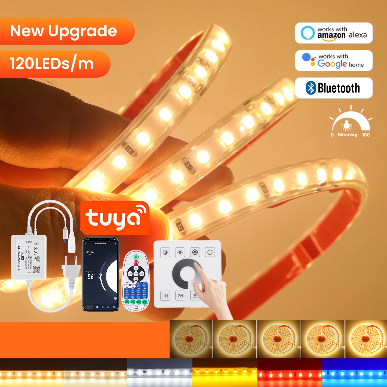 Tuya WIFI Bluetooth Dimmable 220V 2835 LED Strip With Adhesive Tape Flexible Warm Natural White Red Blue Pink Home Light Strips