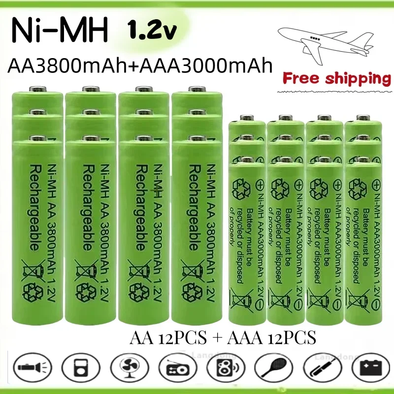 1.2V Rechargeable battery 100% genuine 1.2V AA 3800mAh +AAA 3000mAh Rechargeable battery NI-MH battery