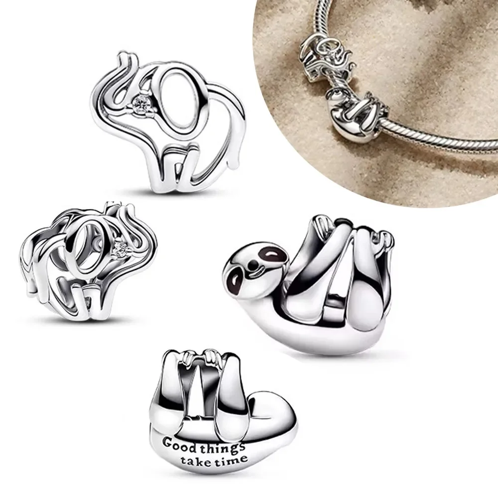 Silver 925 Openwork Elephant Hanging Sloth Charms Beads Fit Bracelet for Women Diy Fine Jewelry Making