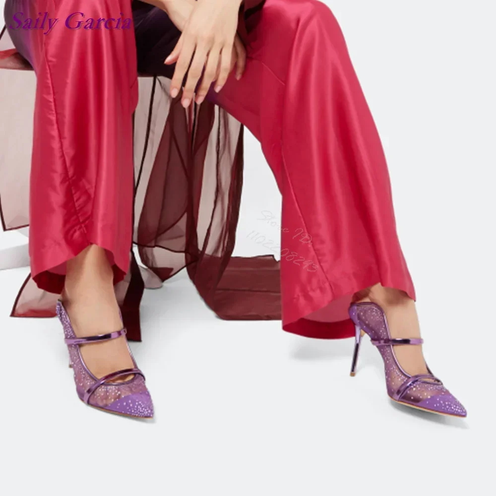 

Sexy Bling Crystal Stiletto Pumps Solid Mesh Shallow Straps Thin Heels Slippers Pointed Toe Women New Fashion Dress Shoes 2025