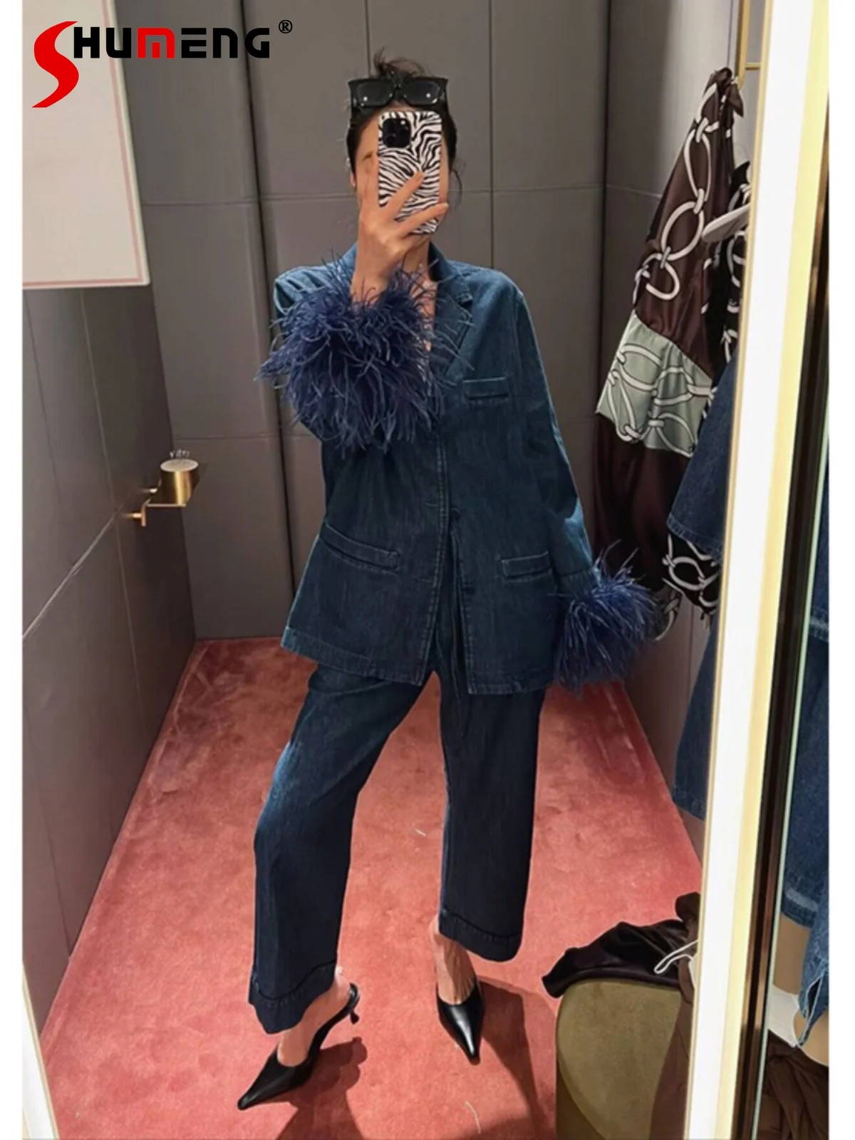 

Two-Piece Set 2023 Autumn Retro Denim Pocket Feather Suit Coat Slimming Straight Pants Long Elegant Leisure Women's Outfits