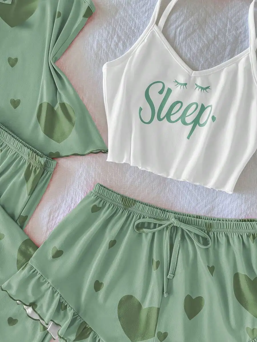 

4pcs Women Sleepwear Set Heart Print Camisole Shorts Sleep Set Summer Pajama Set Cozy Elegant