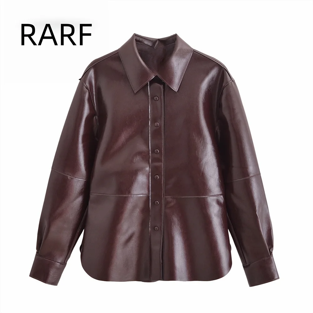 

2024 Autumn New Women's PU Leather Retro Collar Long Sleeve Imitation Leather Shirt Style Casual Coat