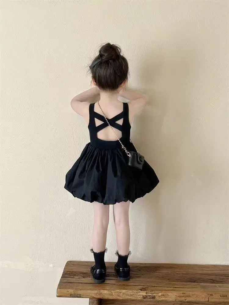 Girls Sleeveless Dress 2024 Summer Children\'s Baby Fashionable Sling Dress Princess Dress Children\'s Little Black Dress