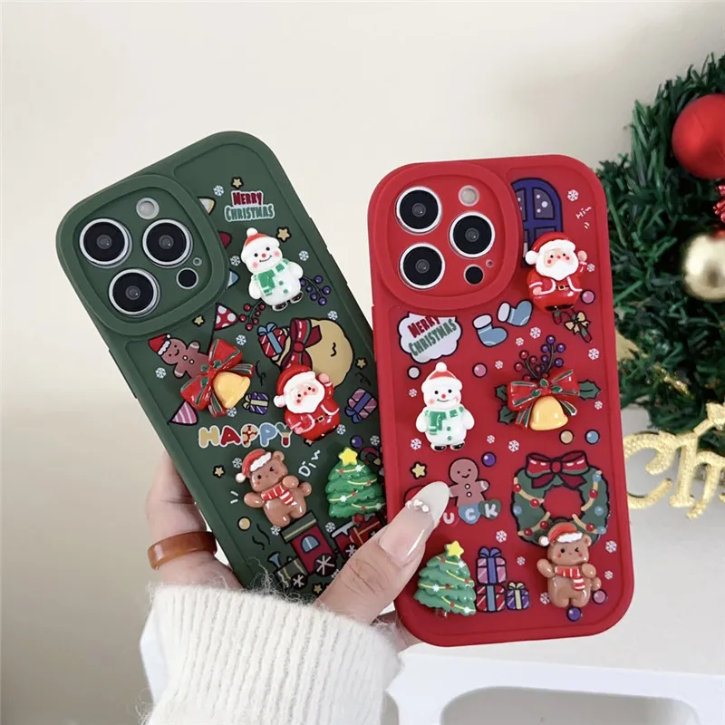 

Korean Cute Cartoon Christmas Elk Pendant Case For iPhone 16 15 14 13 12 11 Pro Max X XR XS 3D Santa Claus Soft Shockproof Cover