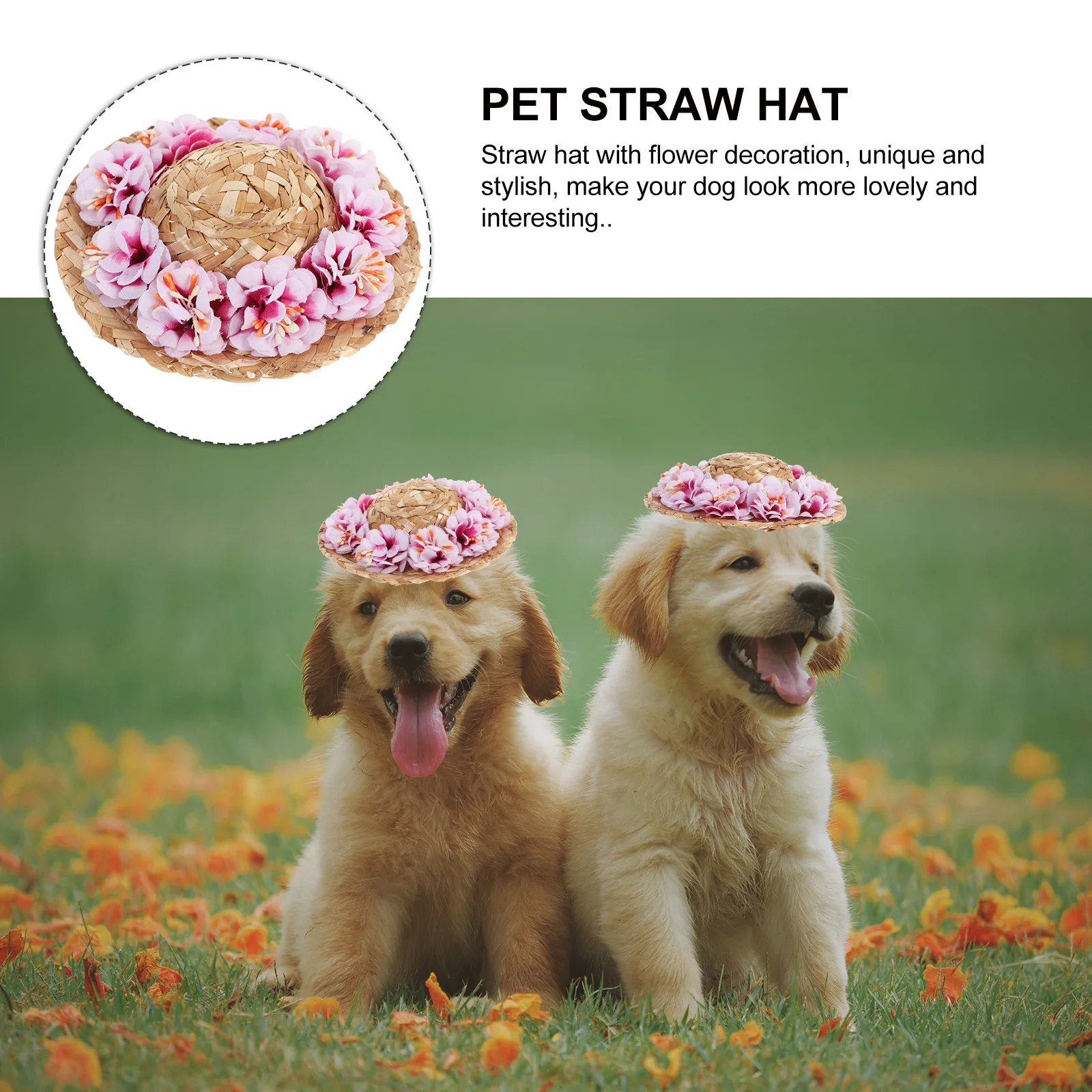 

Dog Straw Hat Pink Flower Adjustable Pet Summer Sun Hat Small Dogs Woven Lightweight Costume Photo Accessory Pet Cap