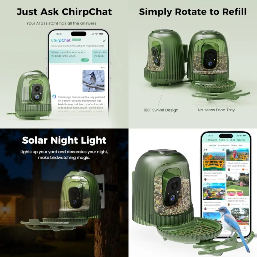 

HIXX Smart Bird Feeder with 4MP Camera Auto Capture Video, AI Bird Identification, Large Capacity and Seed Guard, Solar Powered