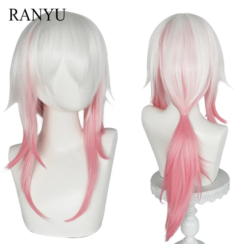 Peluca larga recta blanca ombre rosa, juego de Anime sintético, Cosplay, peluca esponjosa resistente al calor para fiesta diaria
