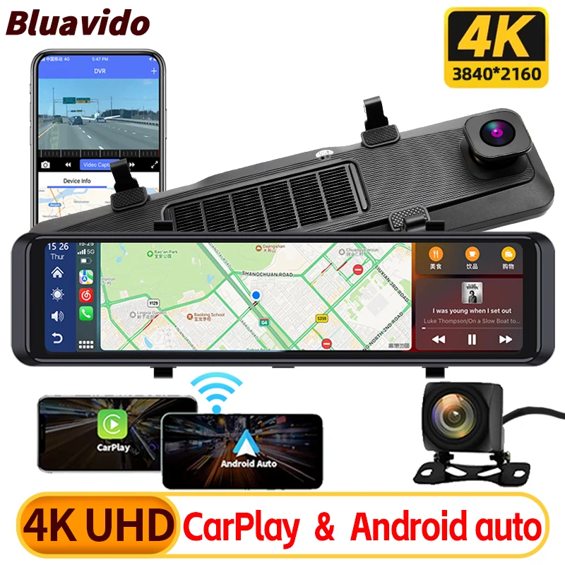 4K Dash Cam Rear View Mirror With Carplay And Android Auto Wireless Screencasting FHD 1080P Car Video Recorder Bluetooth WiFi