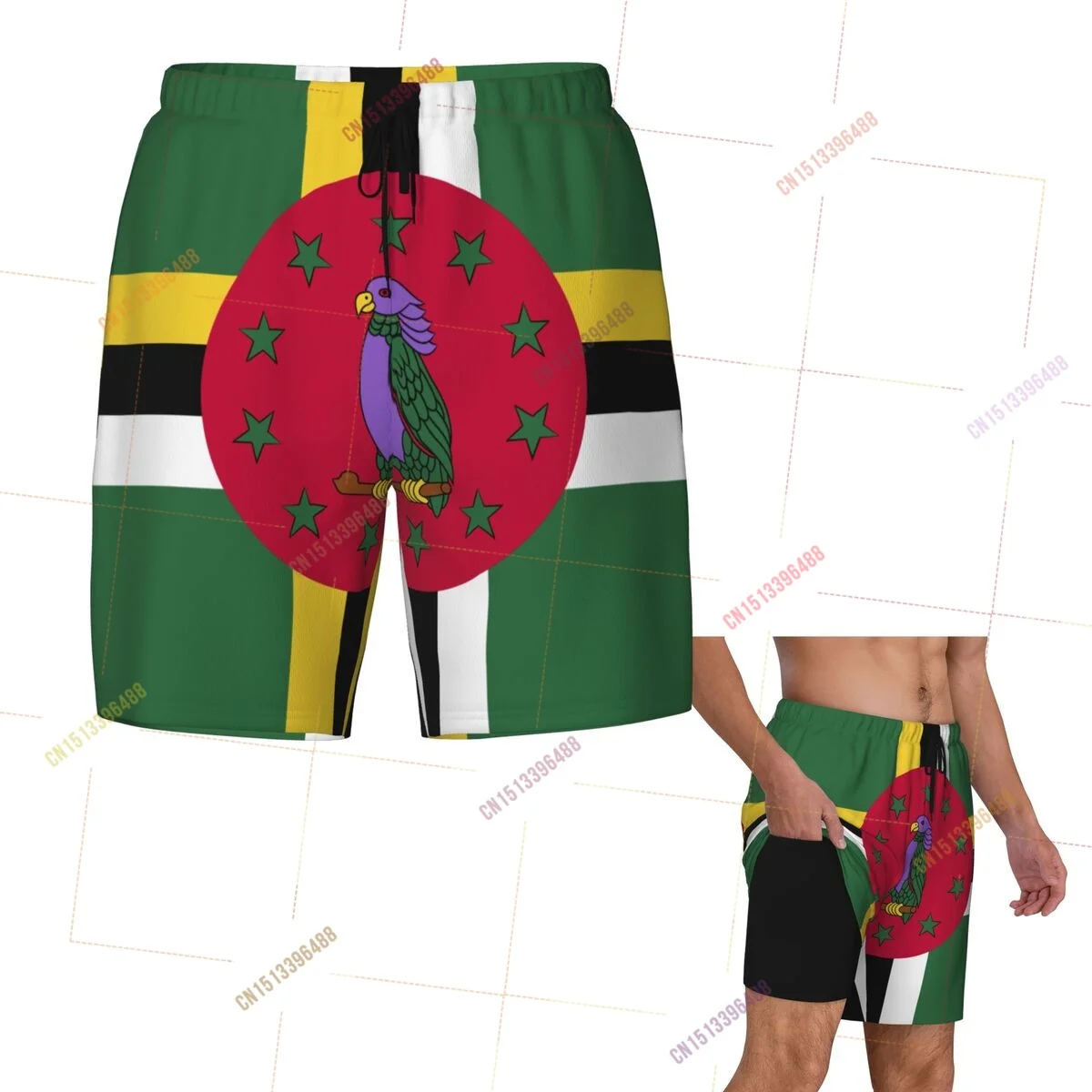 2026 Dominica Flag Top Print 3D Mens Swimming Trunks Hawaiian Bathing Beach 2 in 1 Quick-Dry Summer Swim Shorts With Pockets
