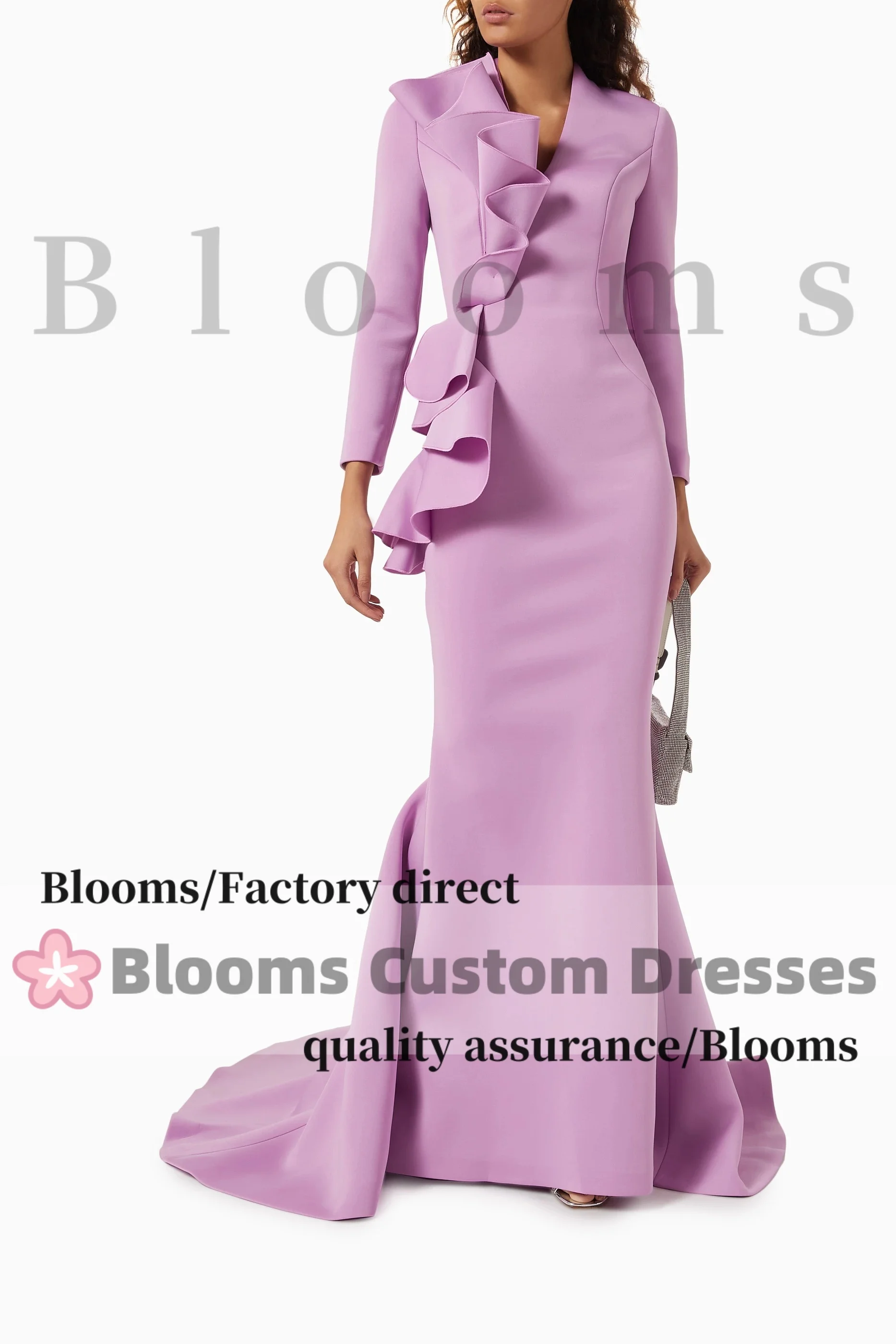 Blooms V-Neck Customized Ruffles Evening Dresses Long Sleeves Mermaid Formal Occasion Party Dress For Prom Wedding