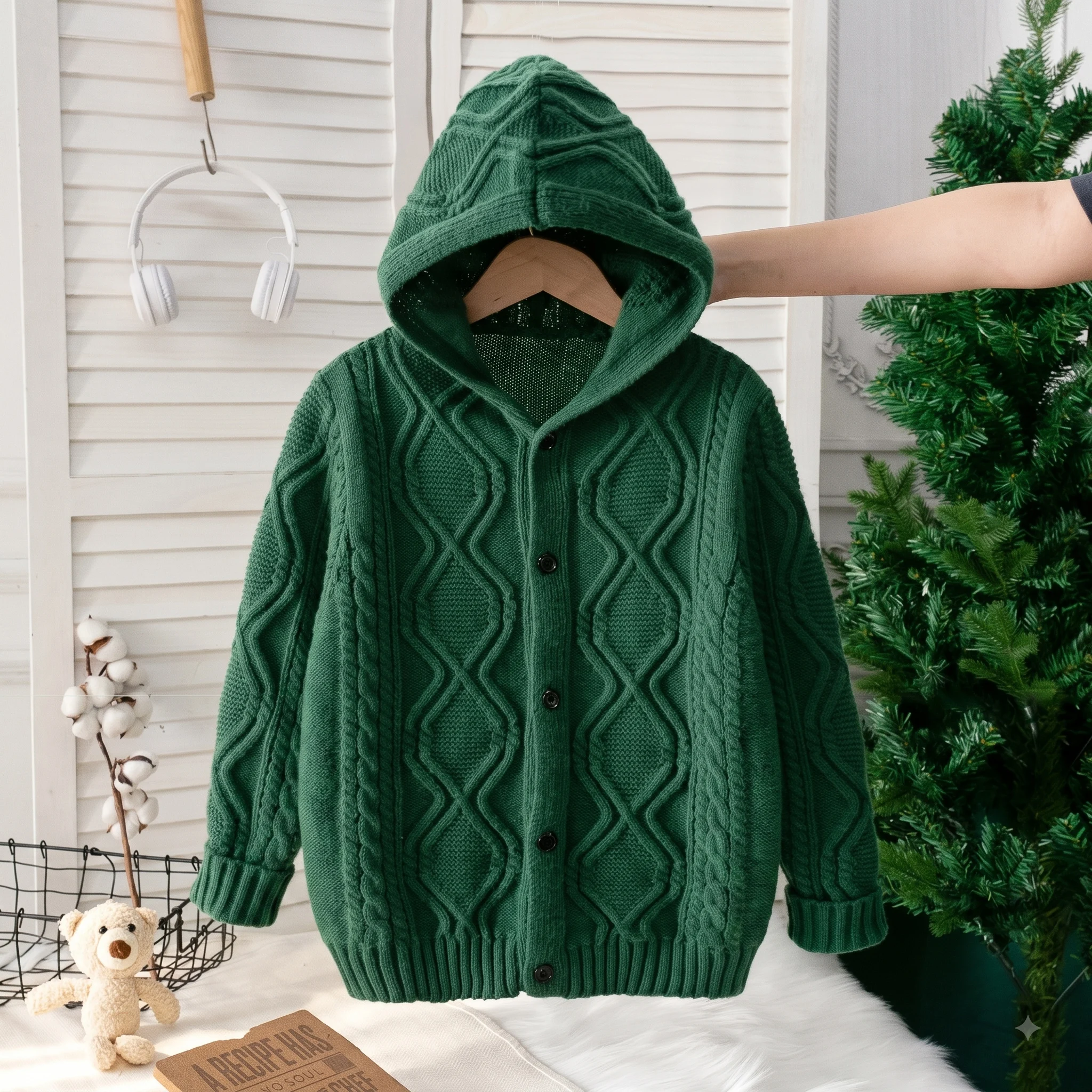 Boys' long sleeved sweater knitted diamond grid cardigan jacket suitable for daily leisure, campus spring and autumn, winter
