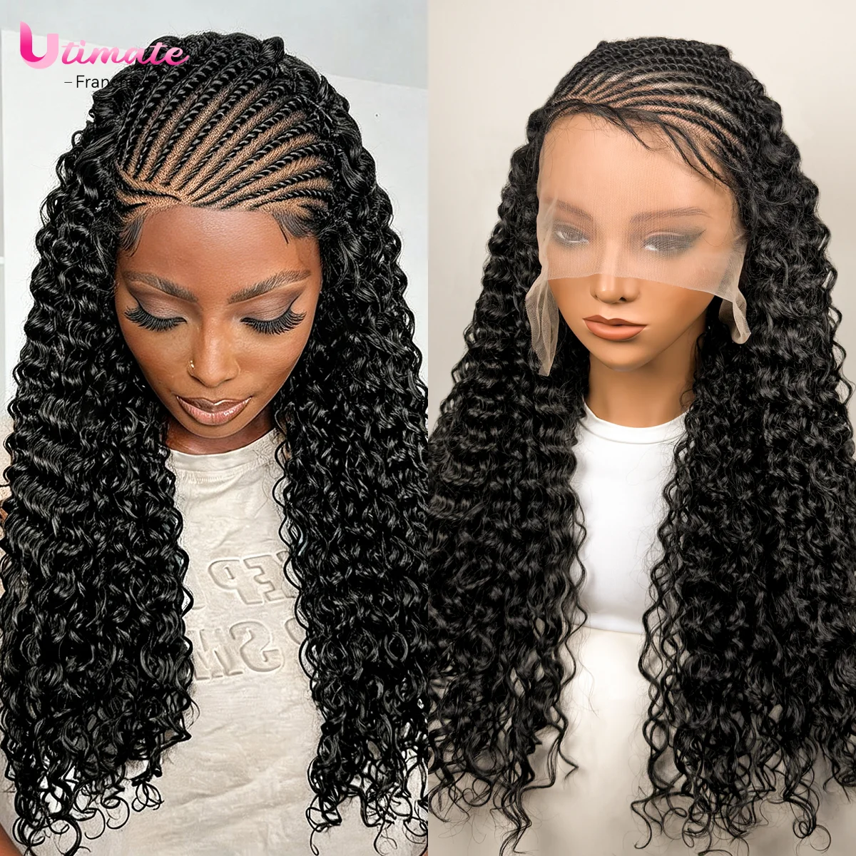 

Fulani Braided Wigs Synthetic Cornrow Braids 26inch 13x6 Lace Frontal Wigs DeepWave Half Wig with Baby Hair for Black Women