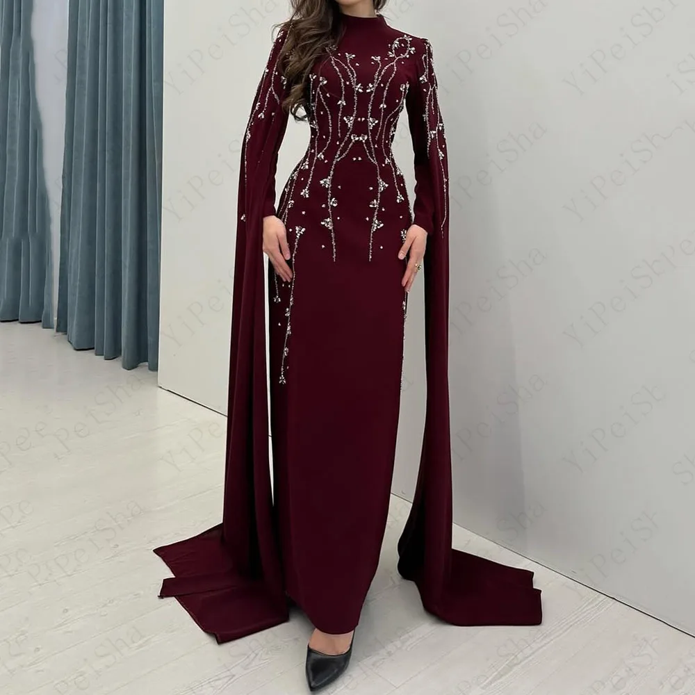 

Customized Straight Prom Dresses Floor-Length High-Neck Full Sleeve Evening Gown Fashion Sequined Crystal Stole Party Gown
