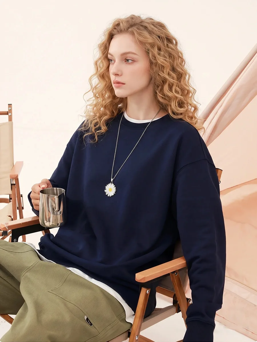 Streamgirl Loose Sweatshirt Women Autumn Basic Plain Sport Cotton Pullover Casual Navy Blue Women Sweatshirts High Quality Tops