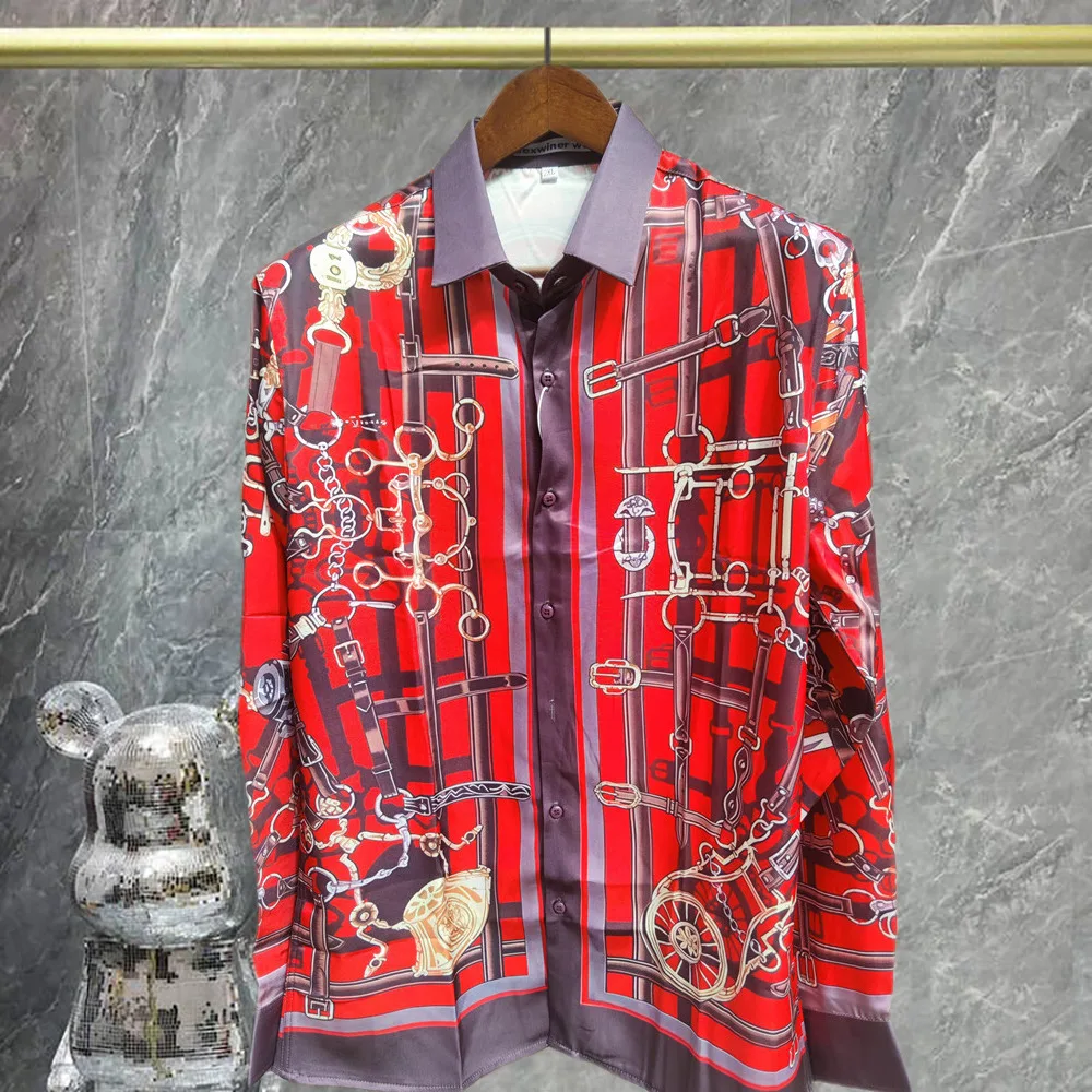 Holiday Hawaiian Slim Mode Chemise Homme Vintage Red Flower Shirt Men Print Clothes Slim Dress Shirts Long Sleeve Shirt Tops Men