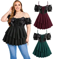 Plus Size Women T-Shirts Puff Sleeves Floral Mesh Flocking Tie Dye Blouses Lace Up Ruffles Layered Chain Cami Top