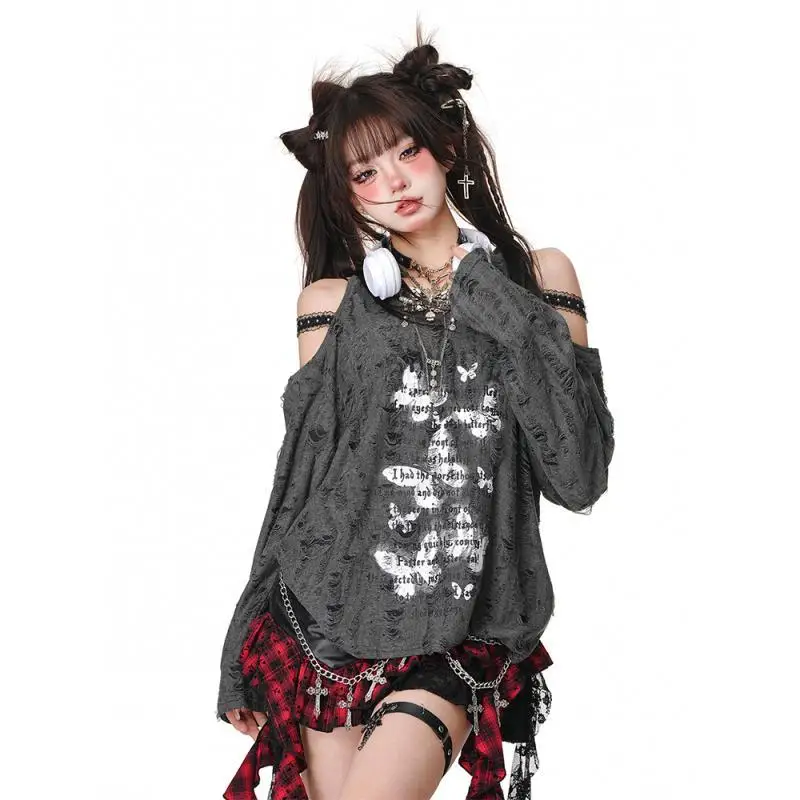 

Butterfly Printed Strapless Long Sleeve T-Shirt Women Autumn Loose Tops ins National Tide American Design Sense Niche