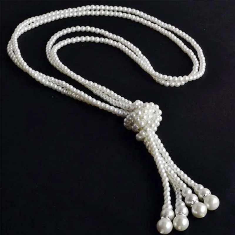 115cm Classic Double Knot Simulated Pearl Tassel Long Necklace Long Knotted Tassel Necklace Female Fashion Sweater Boho Jewelry