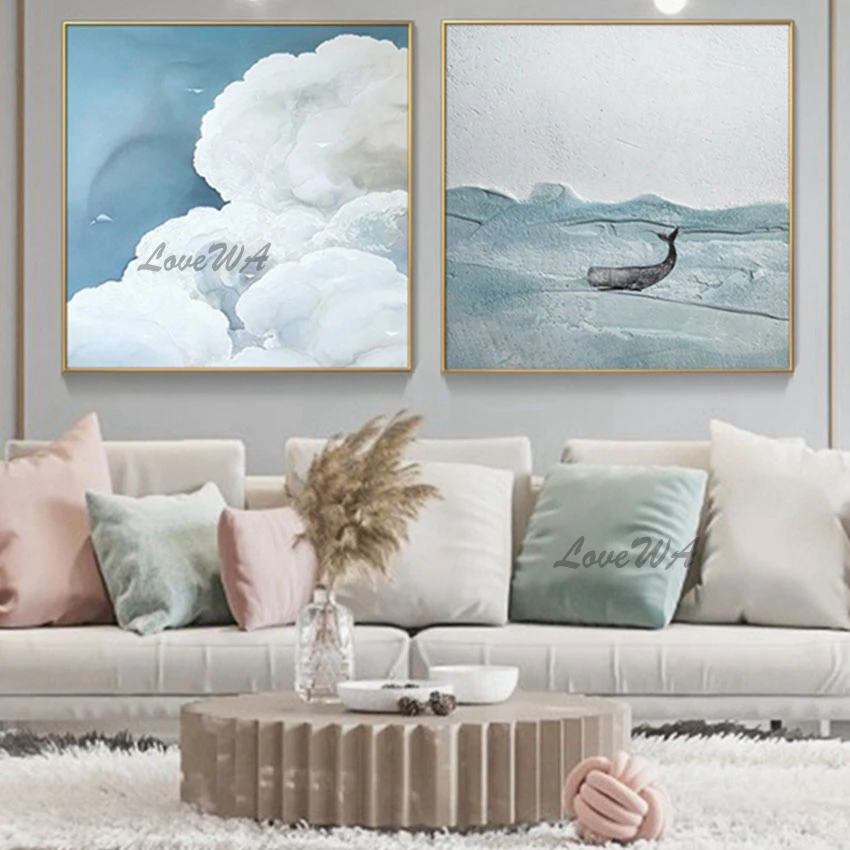 Abstract Sky And Sea Scenery Blue Acrylic Canvas Painting Whale Cartoon Picture 2 Panels Wall Art Children Room Decoration Gift