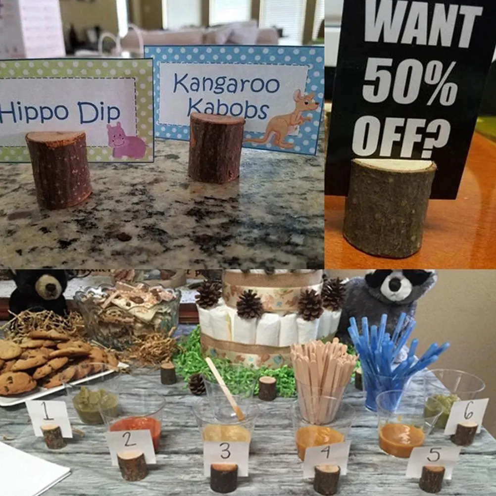 12Pcs Wood Pile Menu Clip Holders Stump Shape Photo Card Holders Wedding Table Number Memo Stand Decor Memo Stand