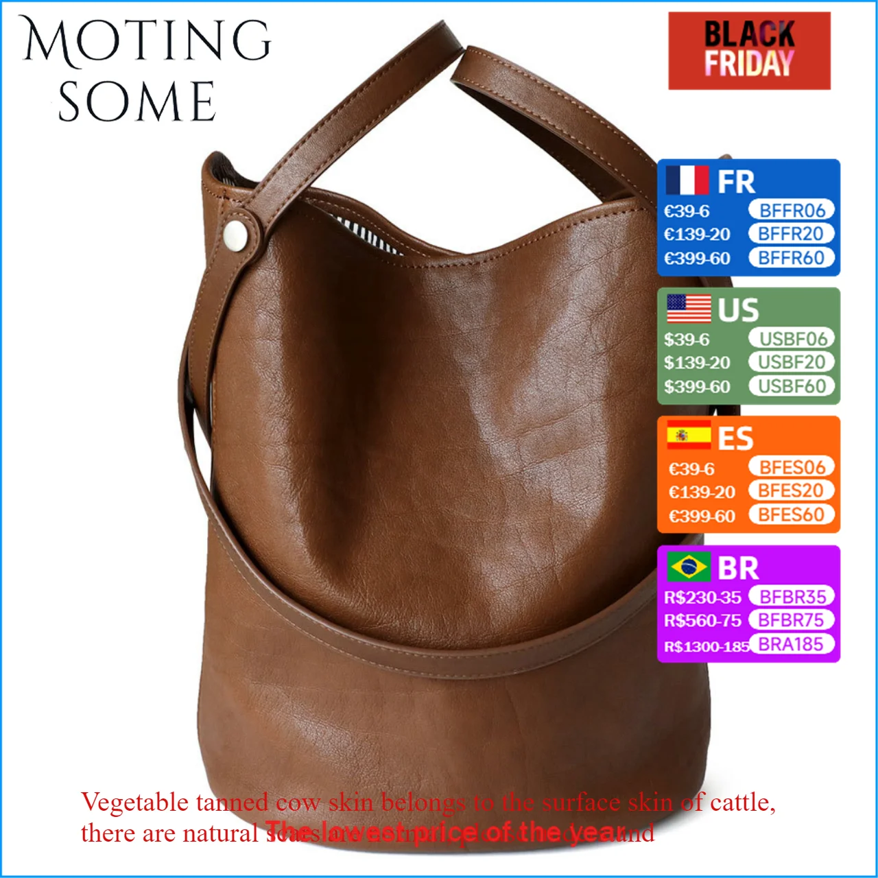 Motiongsome Retro Bag Women Vegetable Tanned Cowhide Bucket Bag Shoulder Large Capacity Vintage Lady Commuter Tote Bag 2024 New