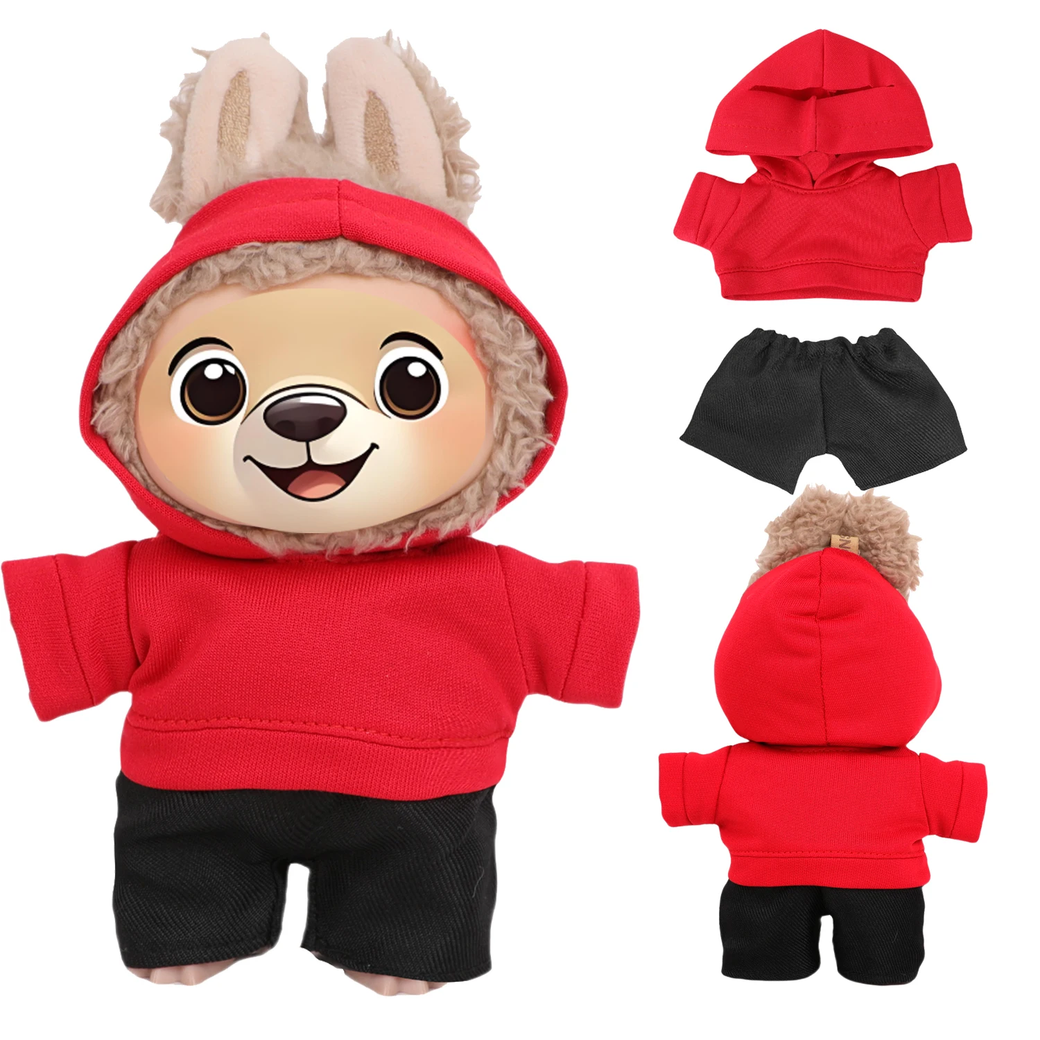 17cm Labubu 인형 옷 정장 빨간색 후드 + 검은 색 반바지 복장 V1 V2 Labubu 소녀 인형 장난감 면화 인형 액세서리