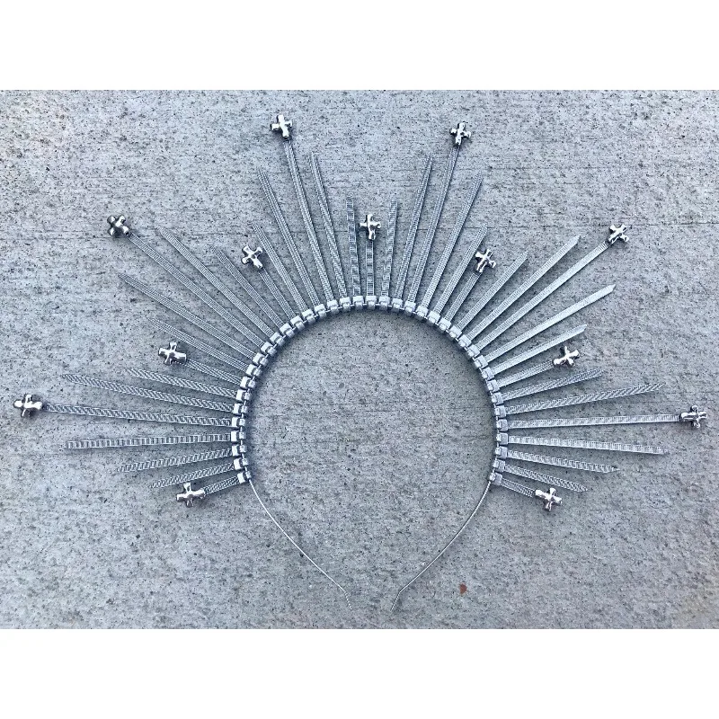 Gothic Halo Crown Headpiece Silver Spike Sunburst Headdress Cross Detail Halloween Cosplay Photoshoot Prop Punk Rock Headwear