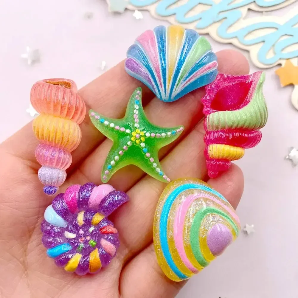 6pcs Cute Cartoon Sea Star Conch Shell Resin Flat Back Charms Sparkly Ocean Mini Ornaments DIY Scrapbook Handcraft Supplies