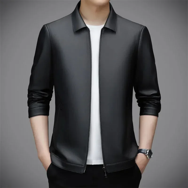 Men's Quality Leather Jackets Autumn Polo Collar Genuine Young and Middle-Aged Business Casual for Men