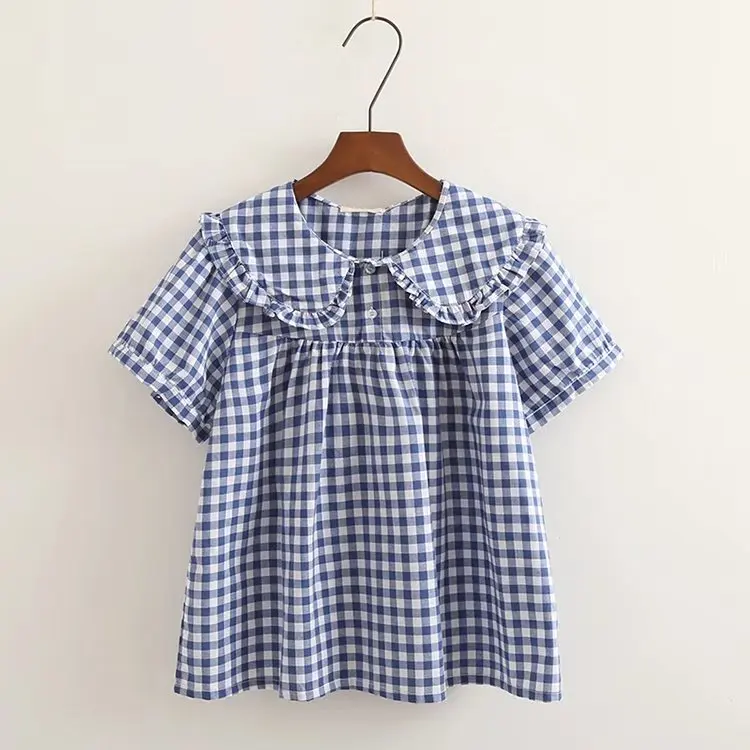 Morigirl Japan style sweet peter pan collar white blue check shirts and blouses kawaii 100% cotton short sleeve tops